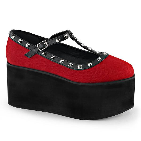 Demonia Women's Click-07 Platform Mary Janes - Red Canvas D6098-41US Clearance